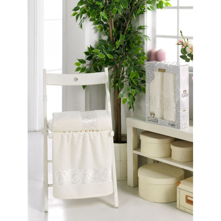 10238-Кремовый SEVAKIN махра (50х90+70х140 ) в коробке Набор полотенец TWO DOLPHINS