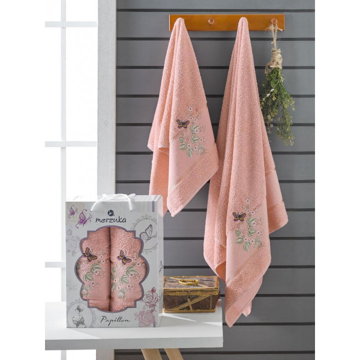 10169 Персиковый PAPILLON махра ( 50х90+70х140) в коробке Набор полотенец MERZUKA